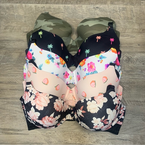Victoria Secret PINK Bundle 5 Wear Everywhere T Shirt Lightly Lined Bras Prints - Picture 13 of 13
